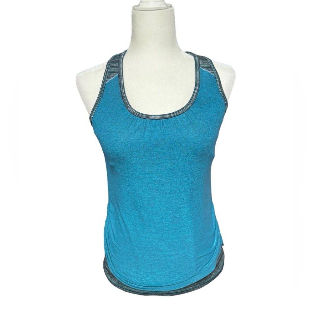 Athleta womens tank green black grey striped drawstring sides small yoga Pilates
